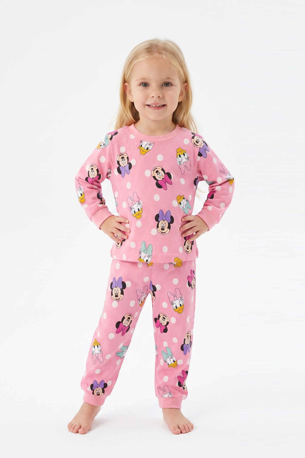Kız Bebek Puantiyeli ve Karakter Baskılı %100 Pamuk Süprem Kumaş Reaktif Boyama Uzun Kollu Pijama Takımı