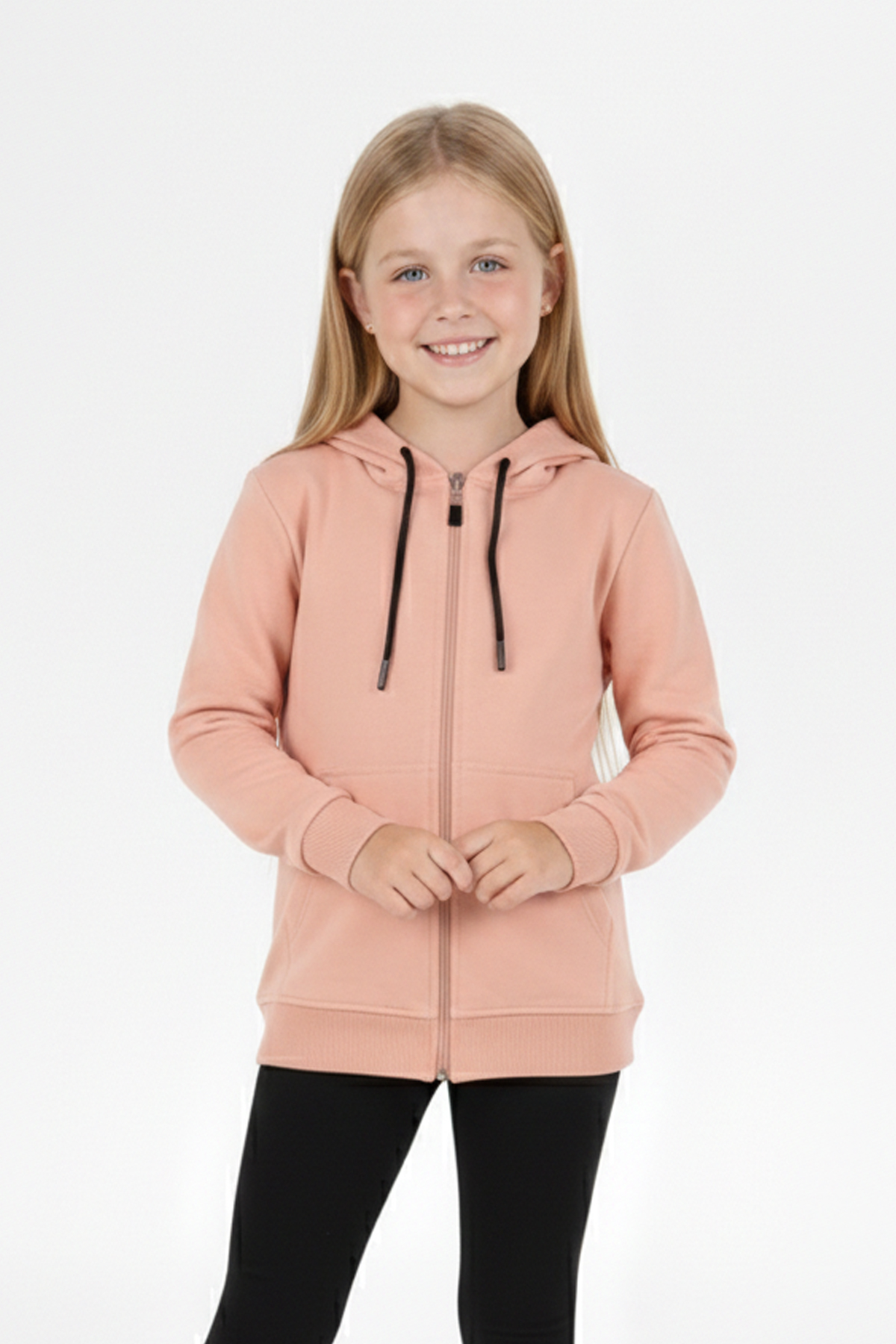 Kız Çocuk Fermuarlı Kapüşonlu Kanguru Cepli Düz Fırçalı İki İplik Sweatshirt