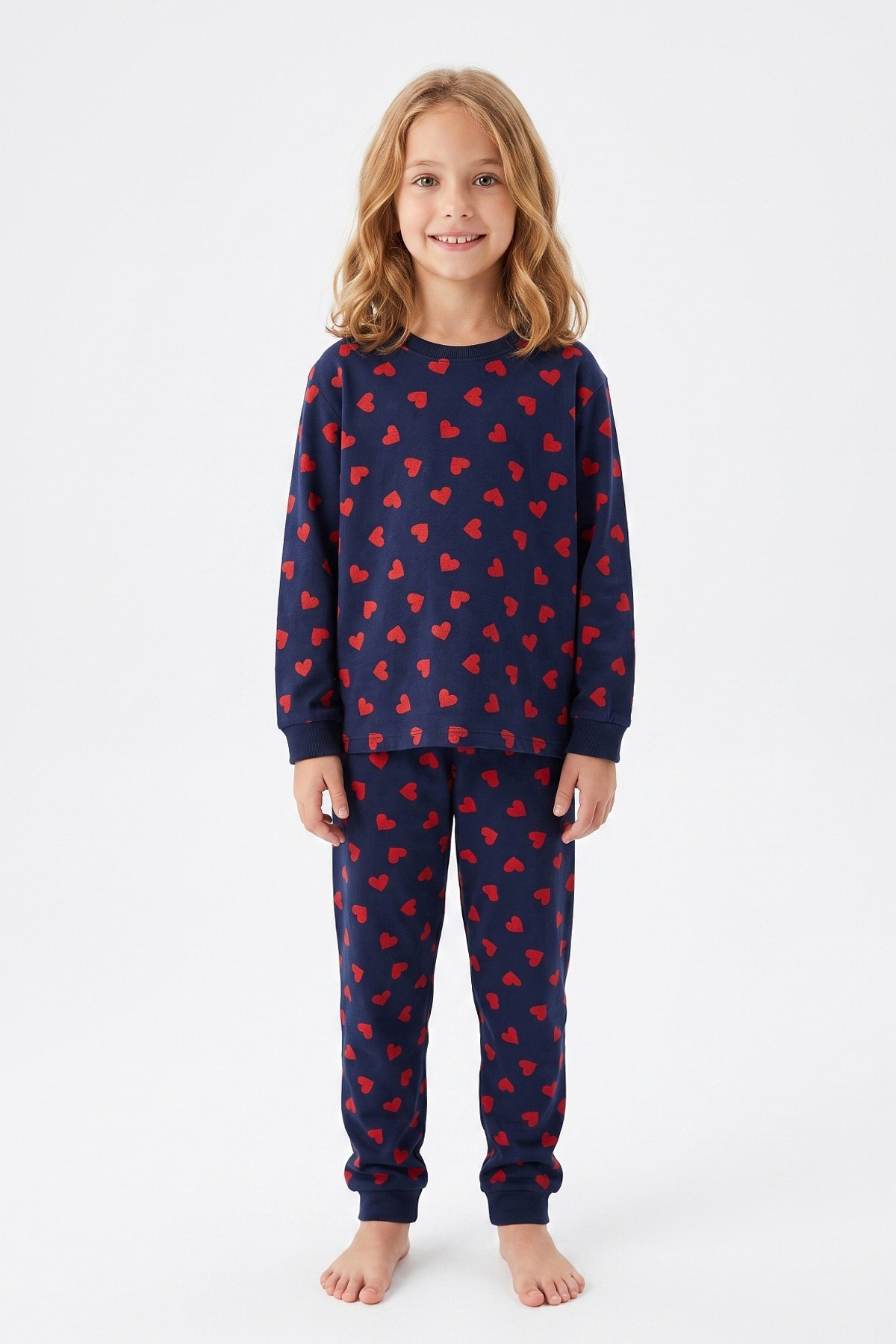 Kız Çocuk Kalp Baskılı %100 Pamuk Süprem Kumaş Reaktif Boyama Uzun Kollu Pijama Takımı