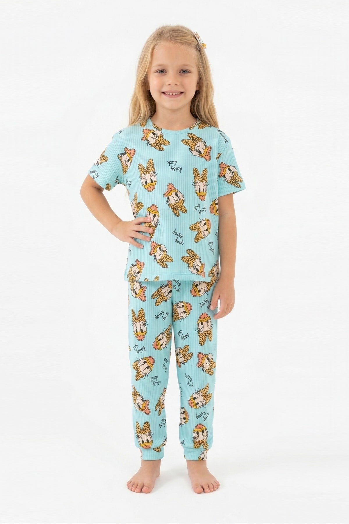 Kız Çocuk Ördek Figürlü ve Leopar Fiyonk Desenli %100 Pamuk İnterlok Kumaş Kısa Kollu Pijama Takımı