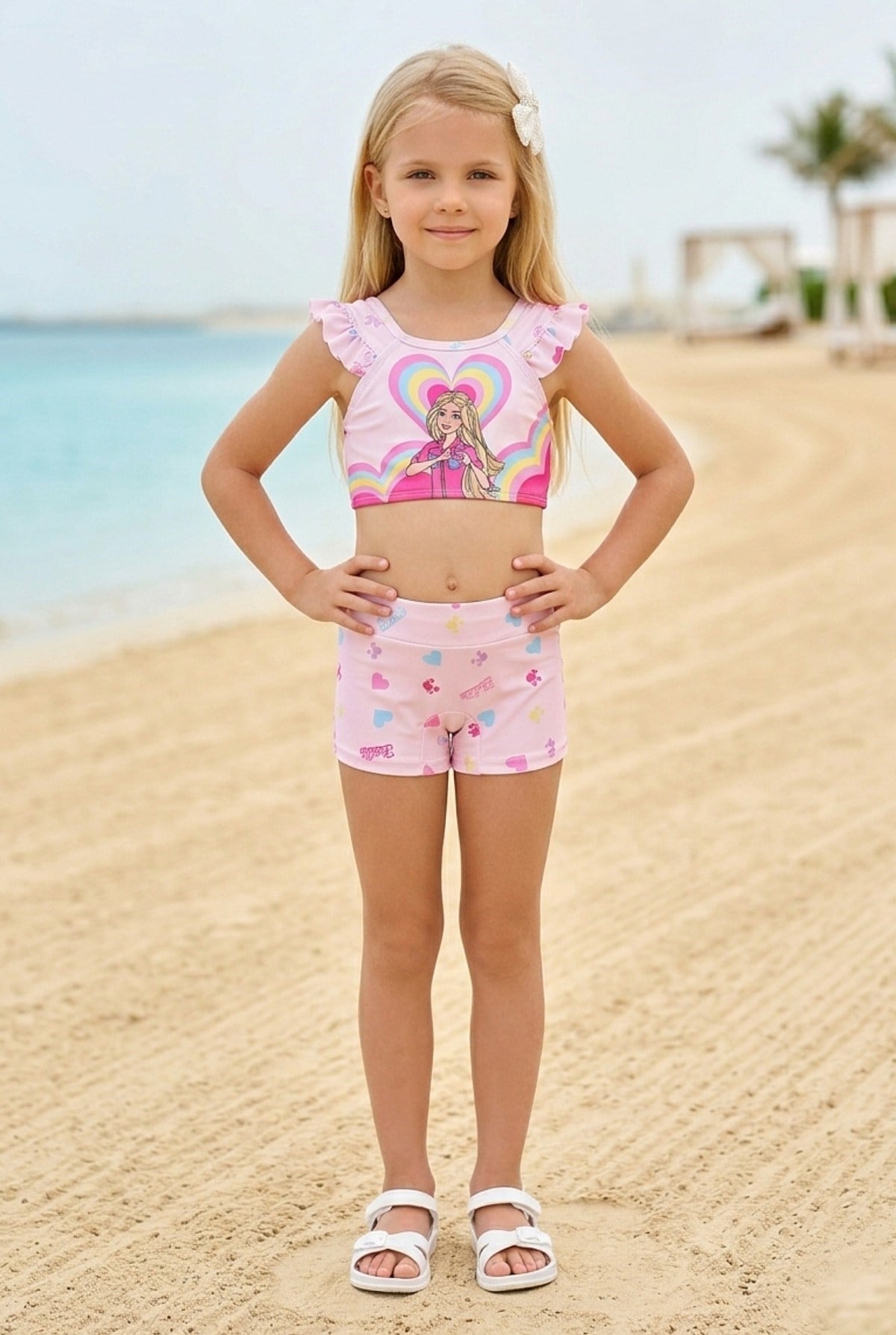 Kız Çocuk Polyester + Elastan Baskılı Fırfırlı Crop Üst ve Boxer Şortlu Mayo