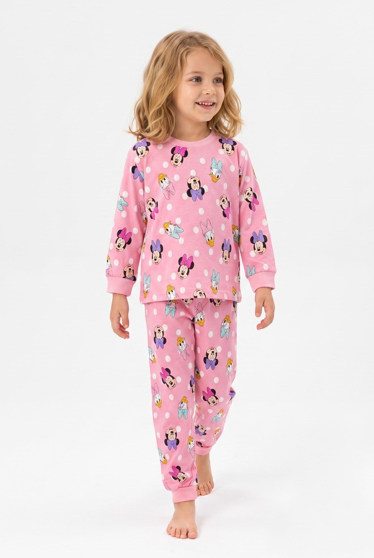 Kız Çocuk Puantiyeli ve Karakter Baskılı %100 Pamuk Süprem Kumaş Reaktif Boyama Uzun Kollu Pijama Takımı