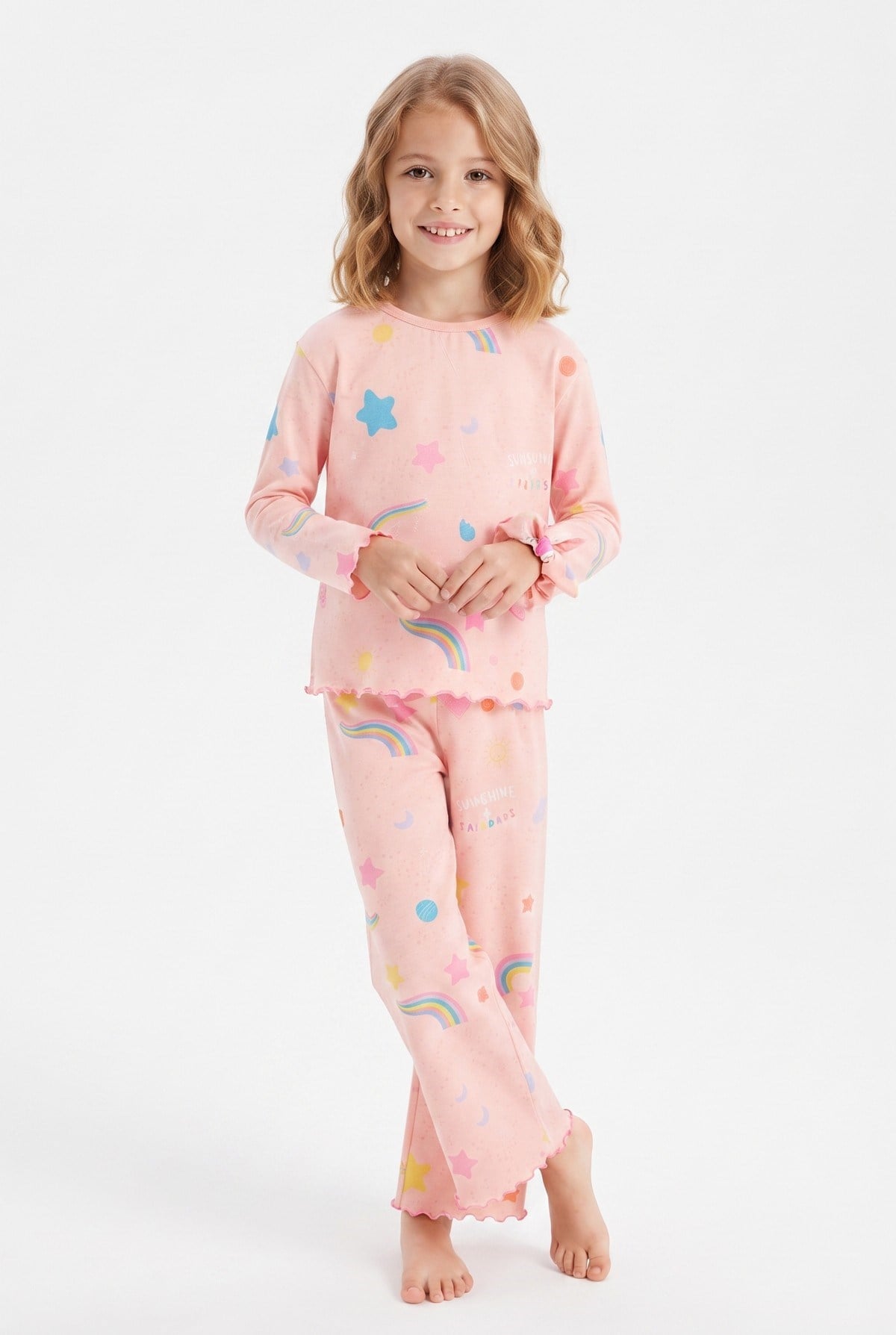 Kız Çocuk Tokalı  Gökkuşağı ve Yıldız Desenli %100 Pamuk Uzun Kollu Pijama Takımı