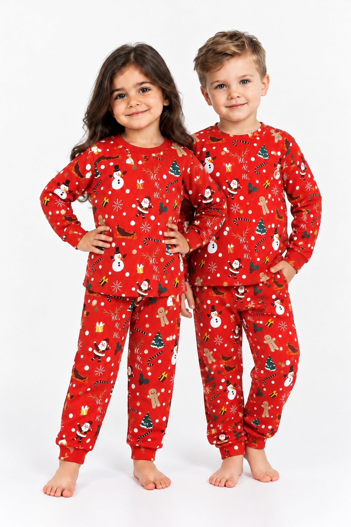 Üniseks Bebek Yılbaşı Desenli %100 Pamuk Reaktif Boyama İnterlok Kumaş Uzun Kollu Pijama Takımı