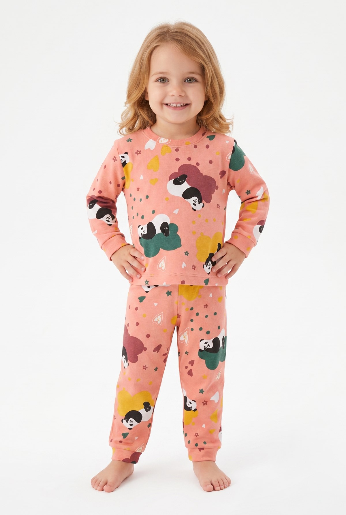 Unisex Panda ve Kalp Desenli %100 Pamuk Reaktif Boyama İnterlok Kumaş Uzun Kollu Pijama Takımı