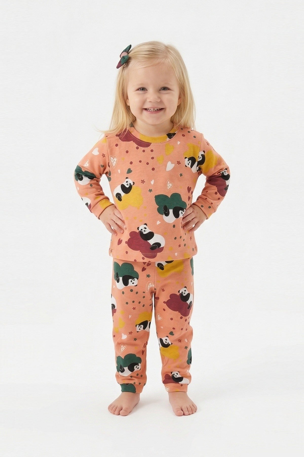 Unisex Panda ve Kalp Desenli %100 Pamuk Süprem Kumaş Uzun Kollu Pijama Takımı