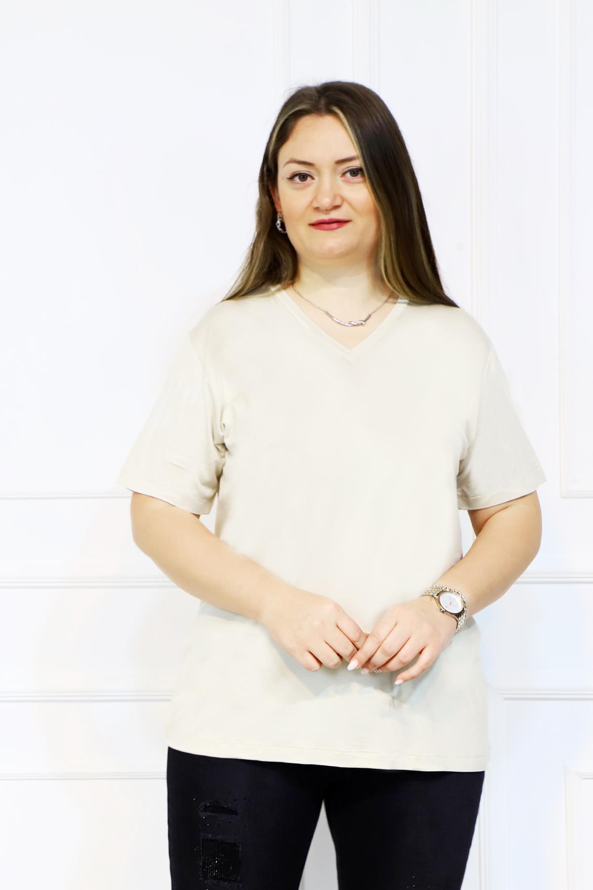 Bedrinxxl, Bluz, Büyük Beden V Yaka Basic T-shirt Ekru