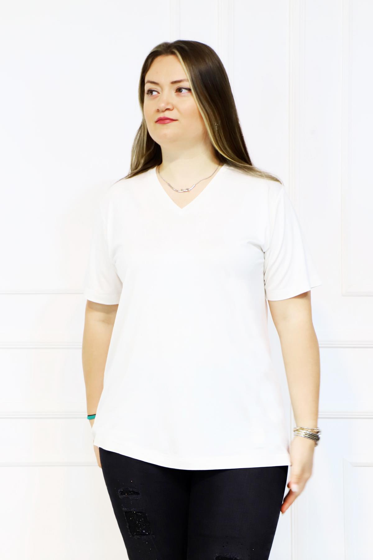 Bedrinxxl, Bluz, Büyük Beden V Yaka Basic T-shirt Beyaz 