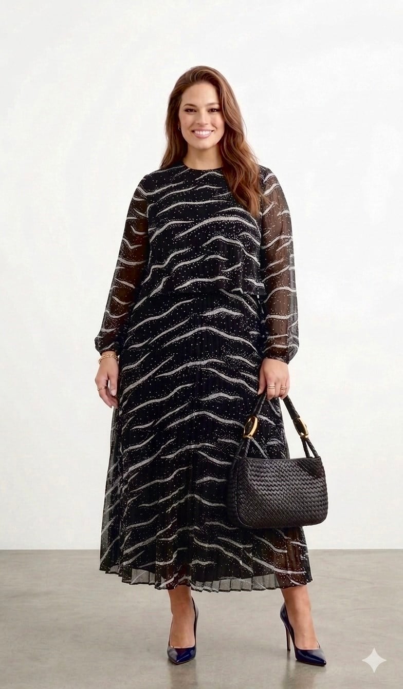 Bedrinxxl, Elbise, Pilili Şifon Madalyon Elbise Siyah