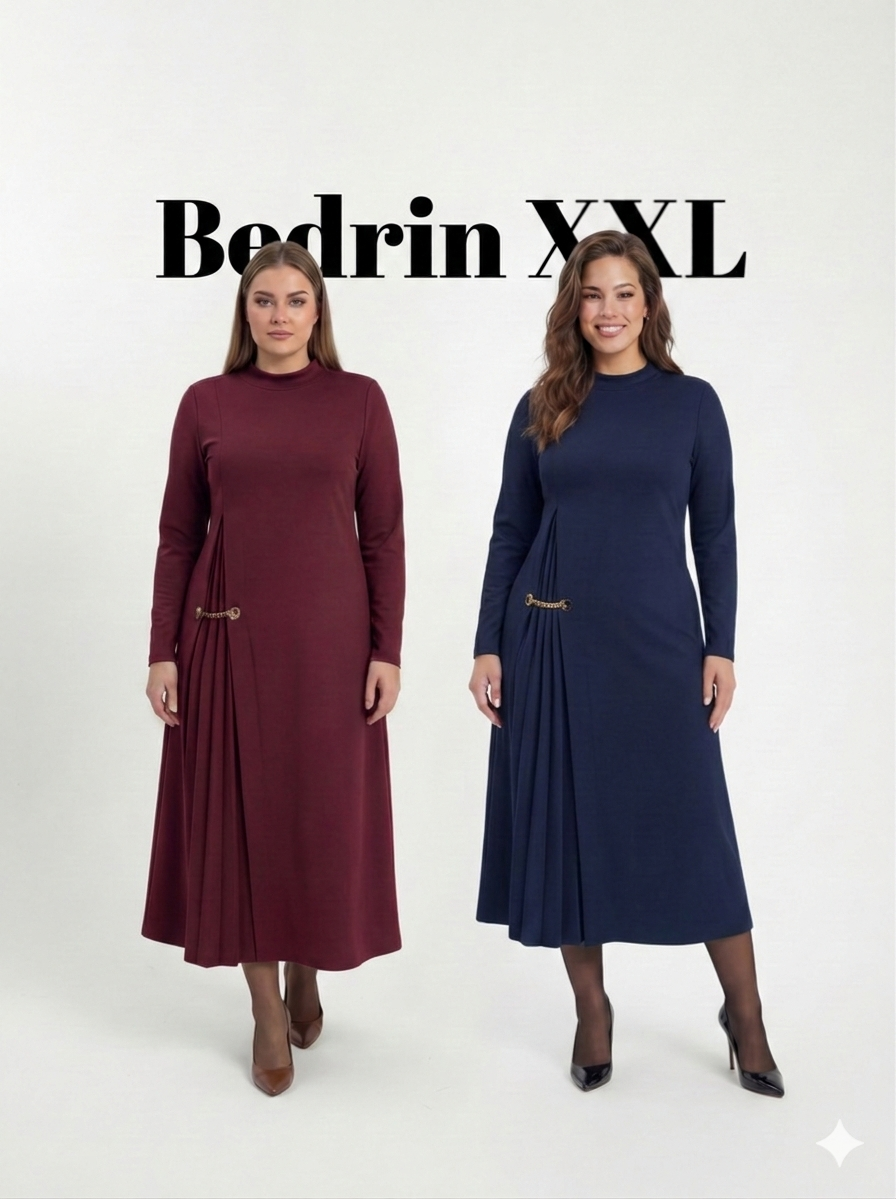 Bedrinxxl, Elbise, Pilise Detaylı Maxi Elbise Lacivert