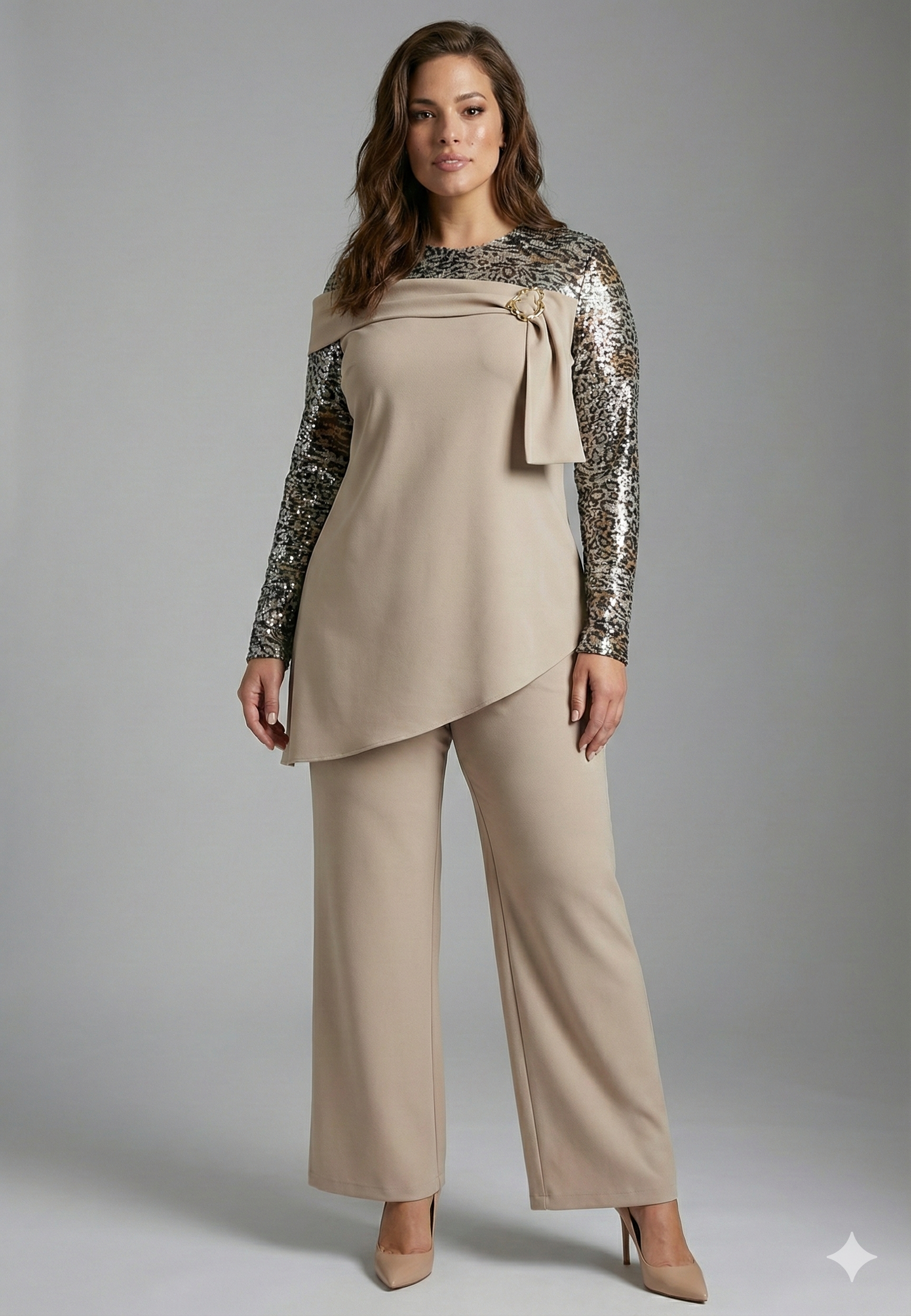 Bedrinxxl, Takım, Leopar Payet Detaylı Tokalı Tunik Takım
