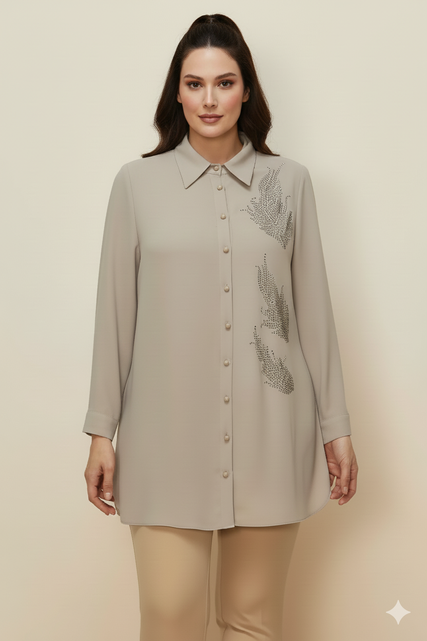 Bedrinxxl, Tunik, Yaprak Krep Tunik Taş Rengi