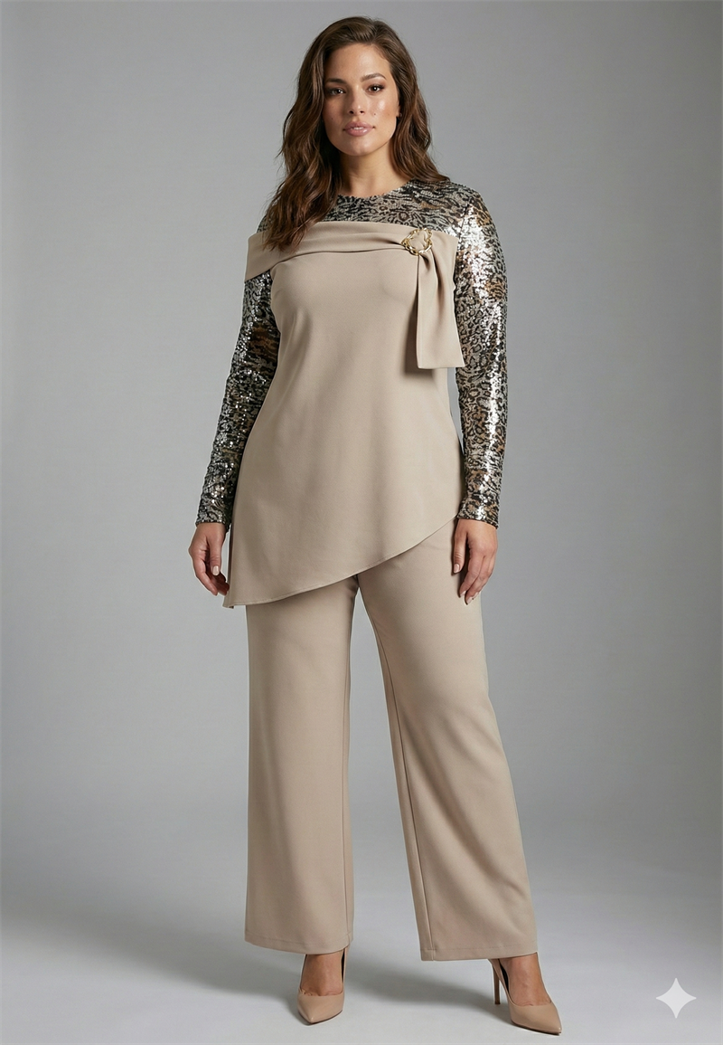 Bedrinxxl, Takım, Leopar Payet Detaylı Tokalı Tunik Takım