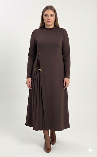 Bedrinxxl, Elbise, Pilise Detaylı Elbise Maxi Kahve