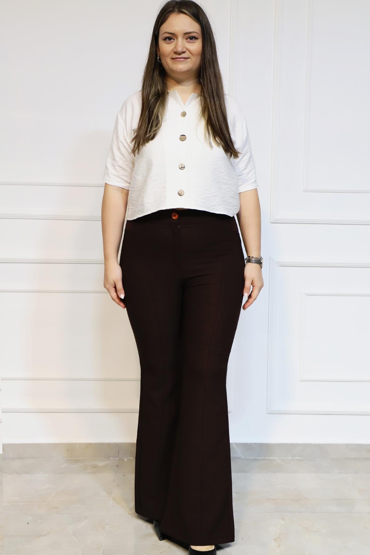 Bedrinxxl, Pantolon, Büyük Beden Flora Paça Pantalon Kahve