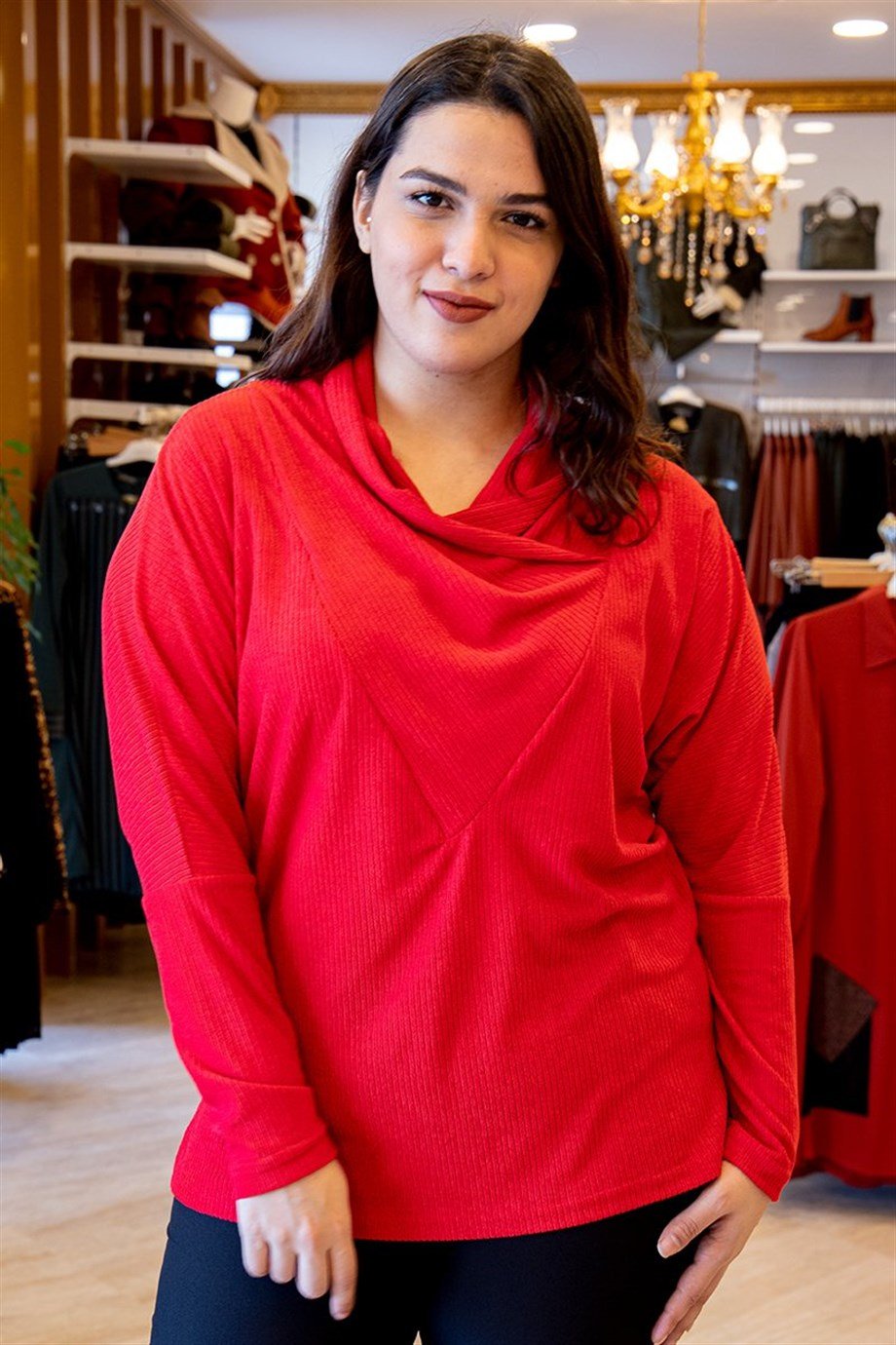 Büyük Beden Bluz Örme Triko Degaje Yaka Öykü Triko Bluz Kırmızı
