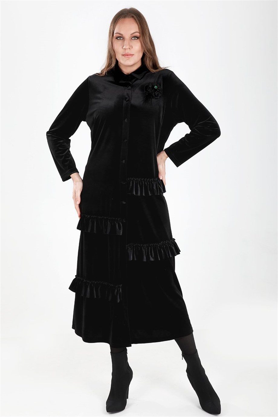 Buyuk Beden Rnt 721 Farbalalı Kadife Elbise Siyah | Bedrinxxl | Büyük Beden  Abiye Elbise, Tunik, Genç Buyuk Beden Elbise Tesettür Modelleri ve Fiyatları