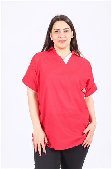 Bedrinxxl, Bluz, Büyük Beden V-Yaka Kısa Kol Beyaz Şeritli Bluz Erbil Bluz Kırmızı