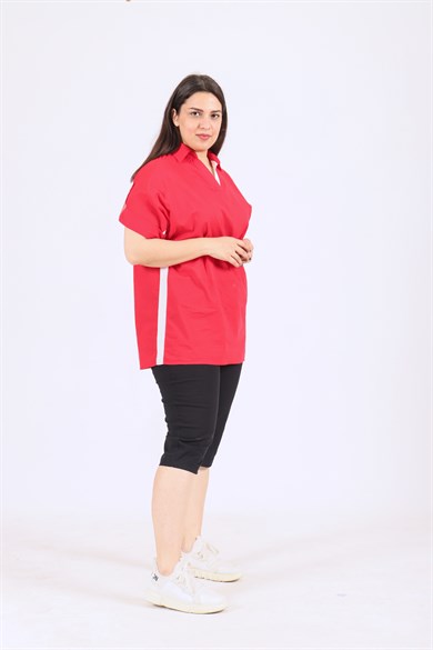 Bedrinxxl, Bluz, Büyük Beden V-Yaka Kısa Kol Beyaz Şeritli Bluz Erbil Bluz Kırmızı