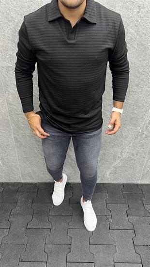 Polo Yaka Fitilli T-Shirt  Siyah