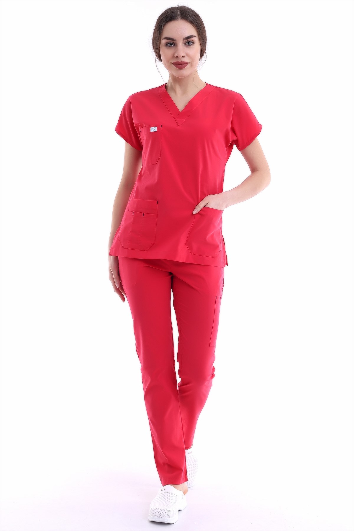 Likralı Hemşire Forması Kırmızı