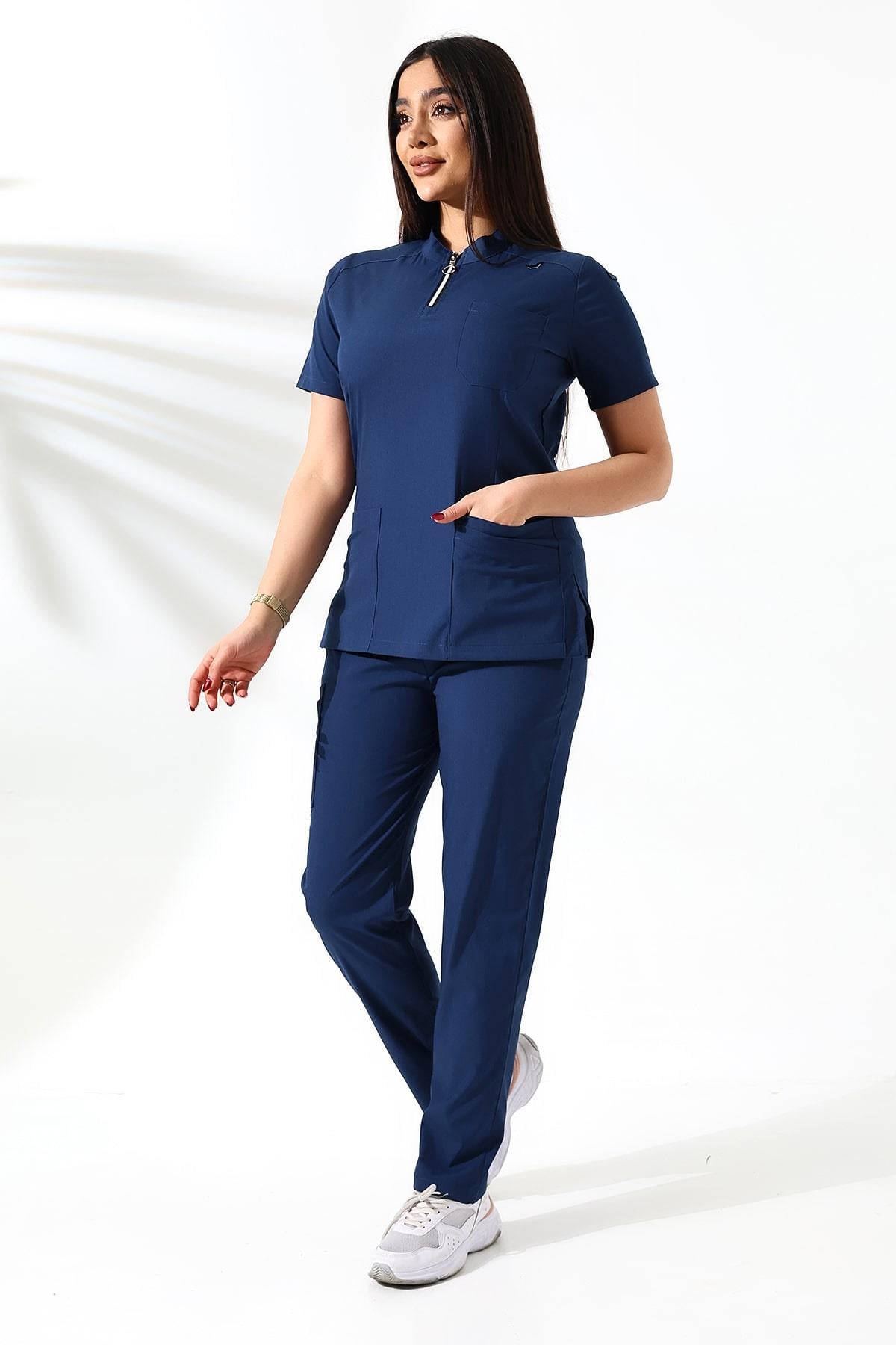 Likralı Neck Zipper Scrubs Açık Lacivert