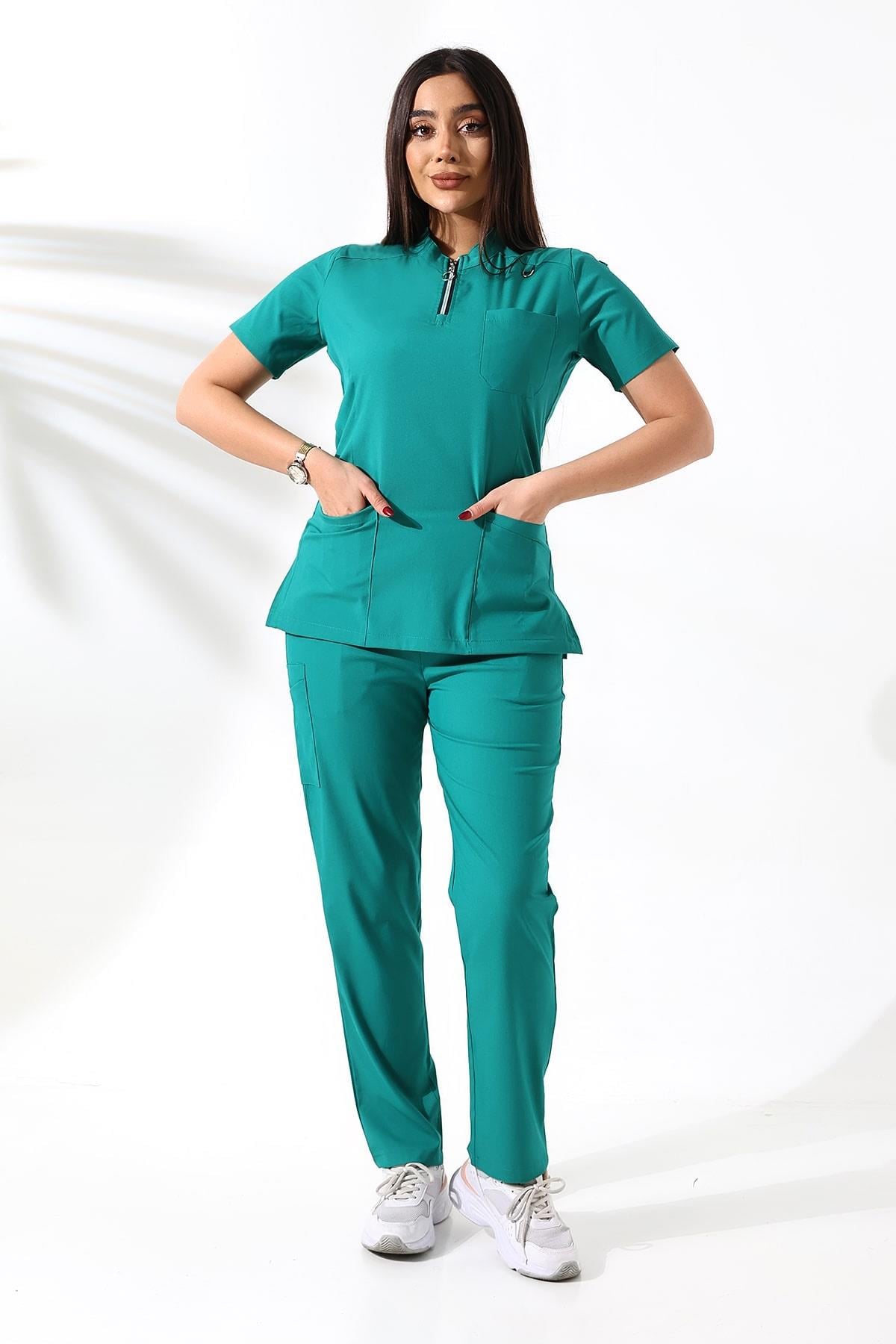 Likralı Neck Zipper Scrubs Ameliyathane Yeşili