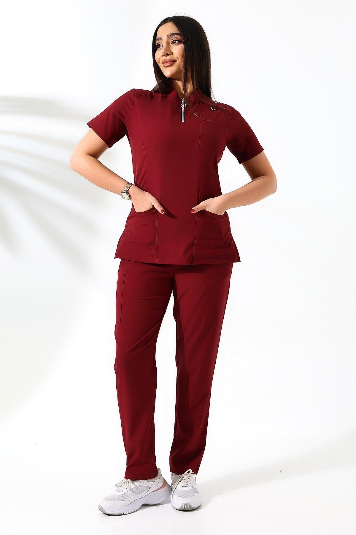 Likralı Neck Zipper Scrubs Bordo