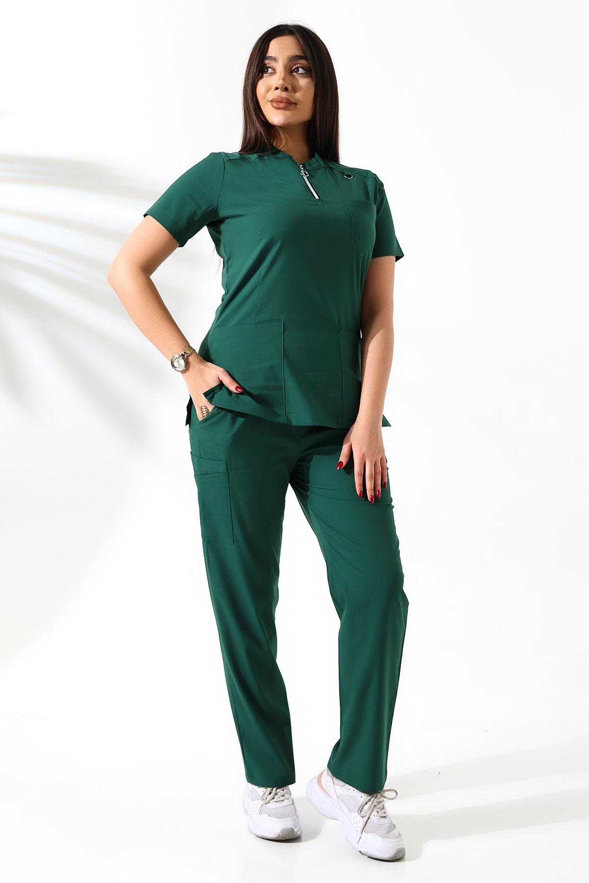 Likralı Neck Zipper Scrubs Kara Yeşil