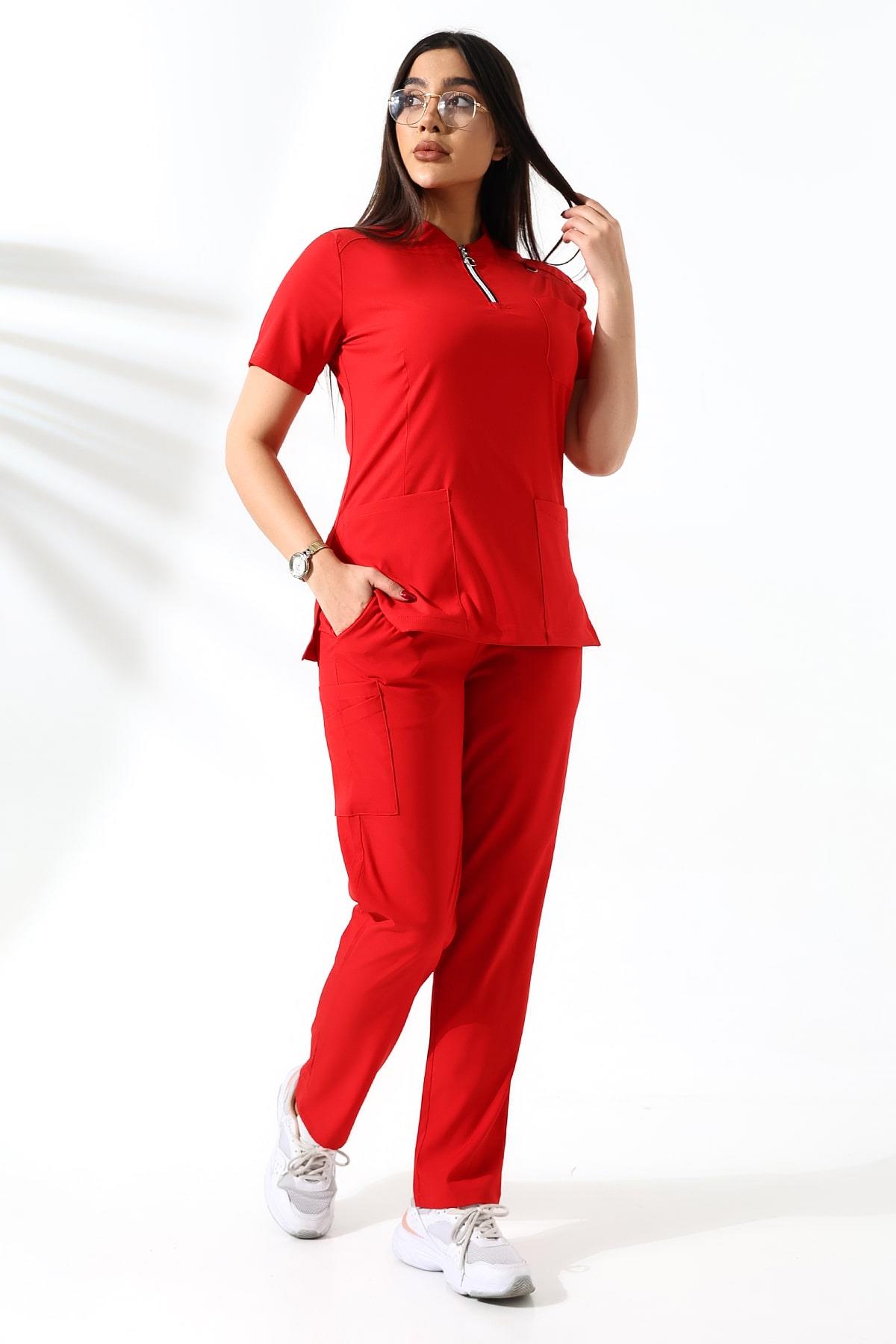 Likralı Neck Zipper Scrubs Kırmızı