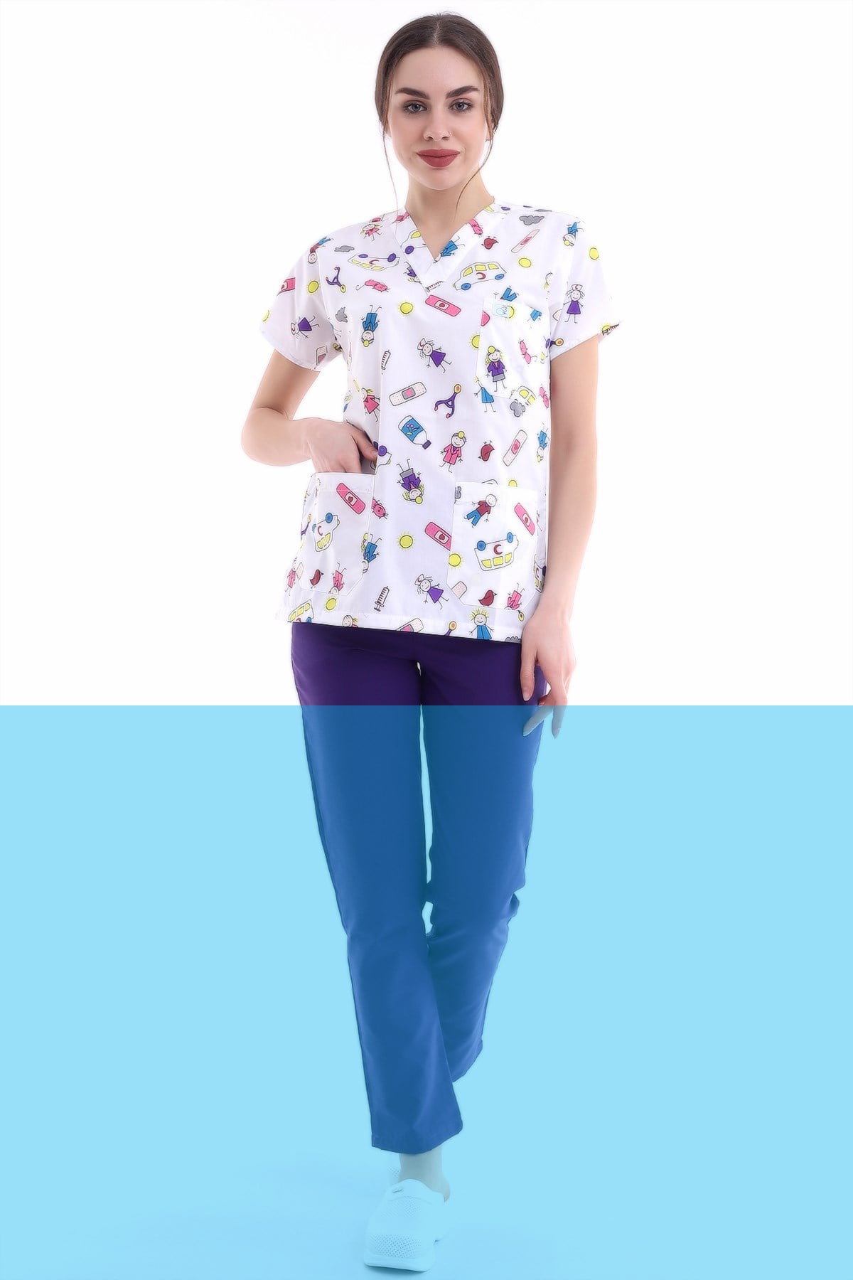 Tek Üst Hemşire Forması Yara Bandı Desenli