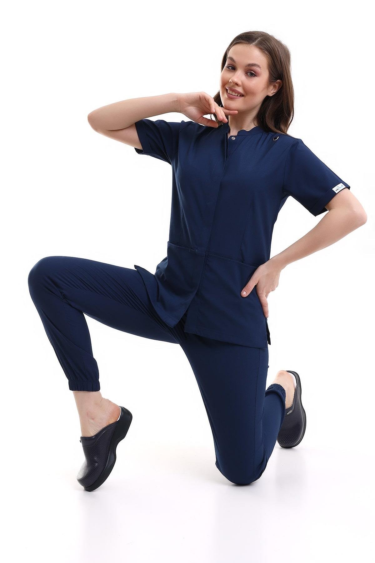 V Flex Likralı Hemşire Forması Açık Lacivert