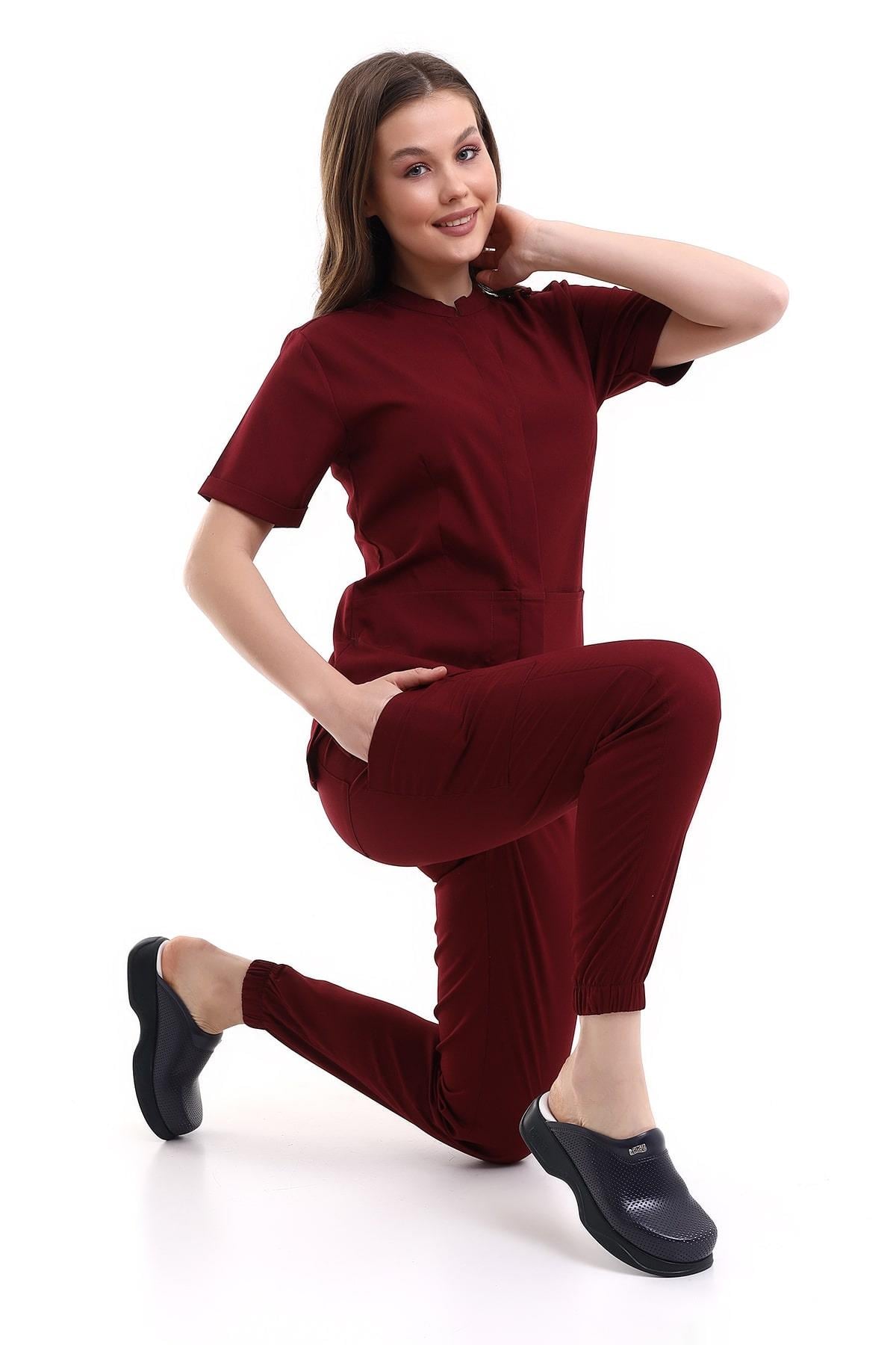 V Flex Likralı Hemşire Forması Bordo