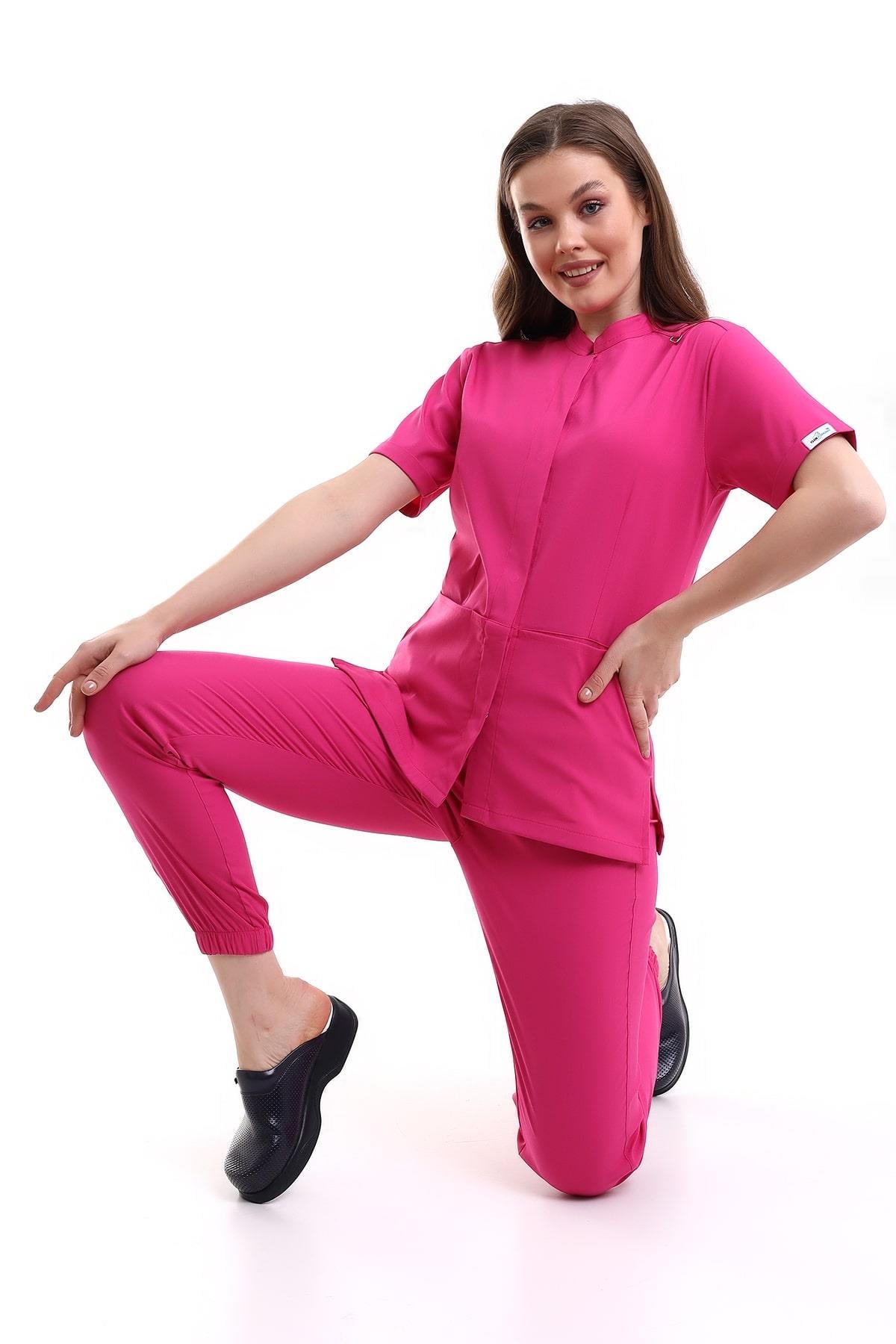 V Flex Likralı Hemşire Forması Fuşya