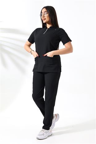Likralı Neck Zipper Scrubs Siyah