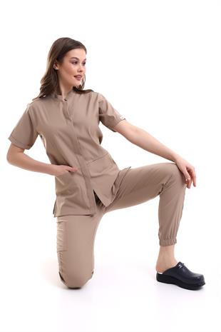 V Flex Likralı Hemşire Forması Bej