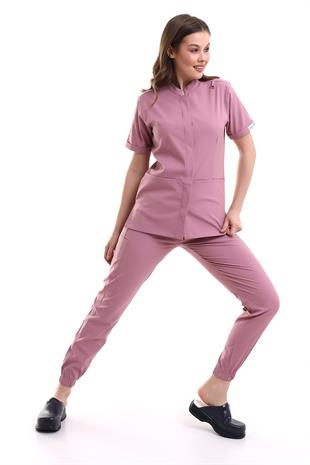 V Flex Likralı Hemşire Forması Gül Kurusu