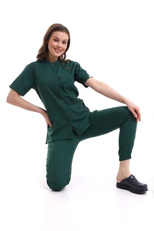 V Flex Likralı Hemşire Forması Kara Yeşil