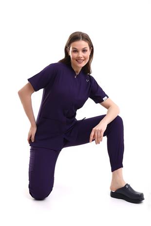 V Flex Likralı Hemşire Forması Mor