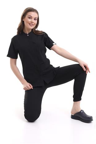 V Flex Likralı Hemşire Forması Siyah