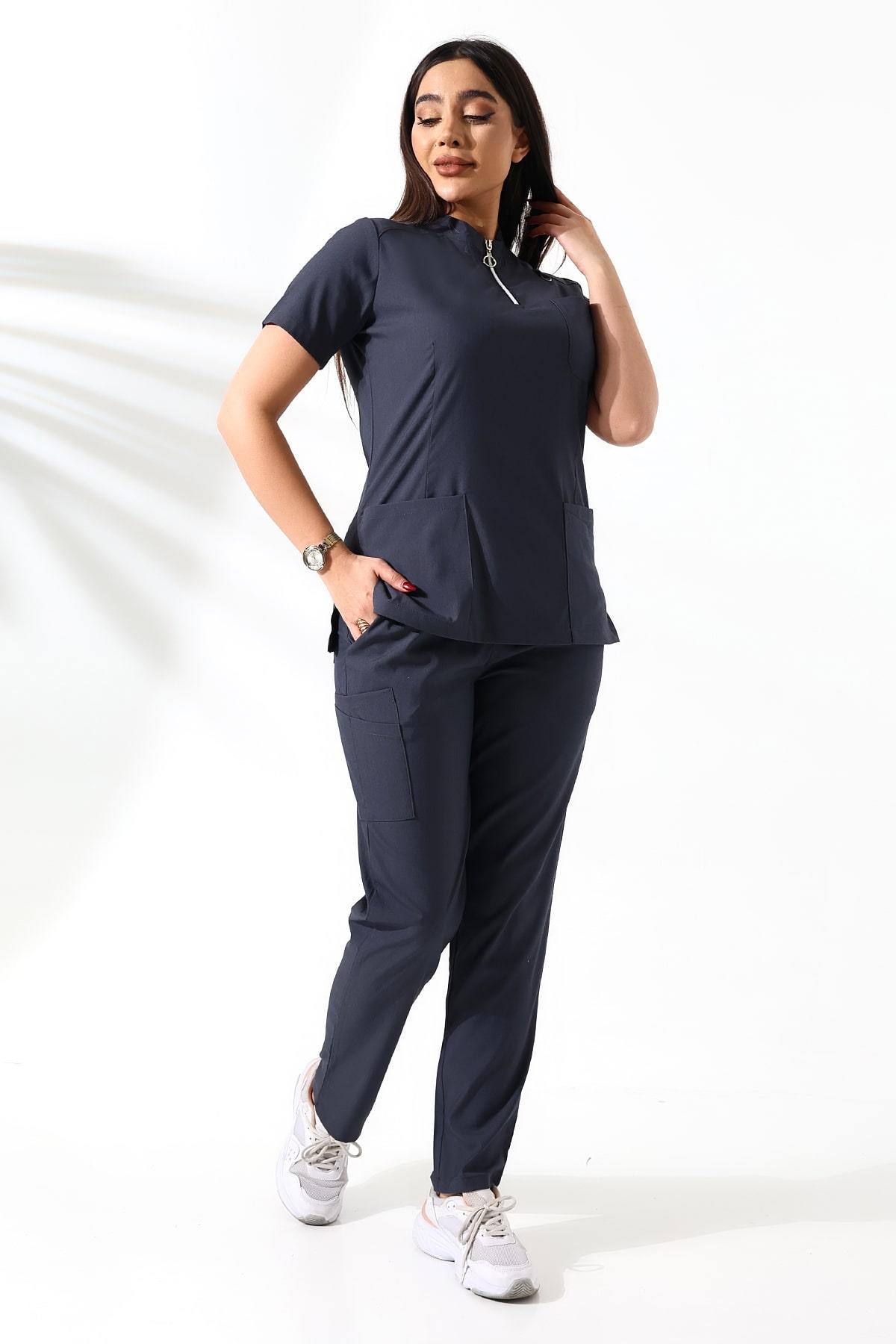 Likralı Neck Zipper Scrubs Antrasit
