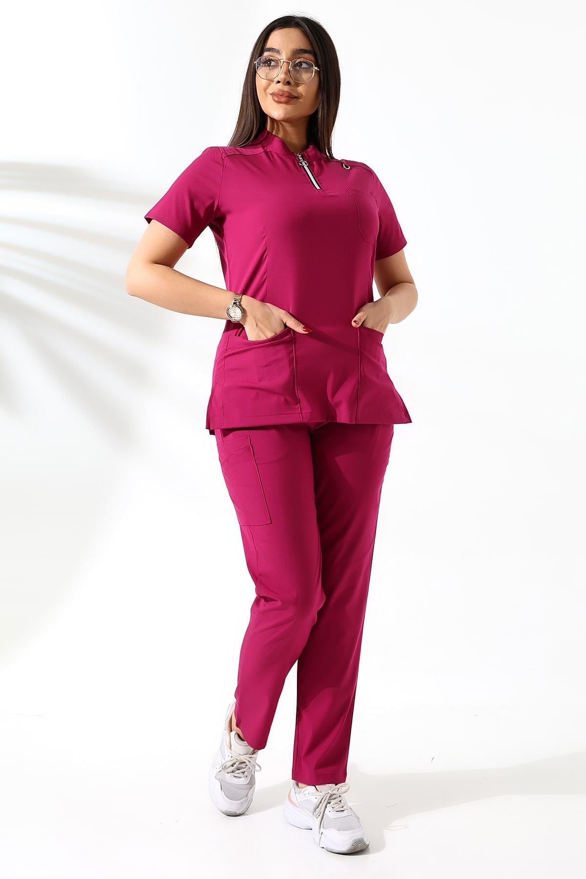 Likralı Neck Zipper Scrubs Fuşya