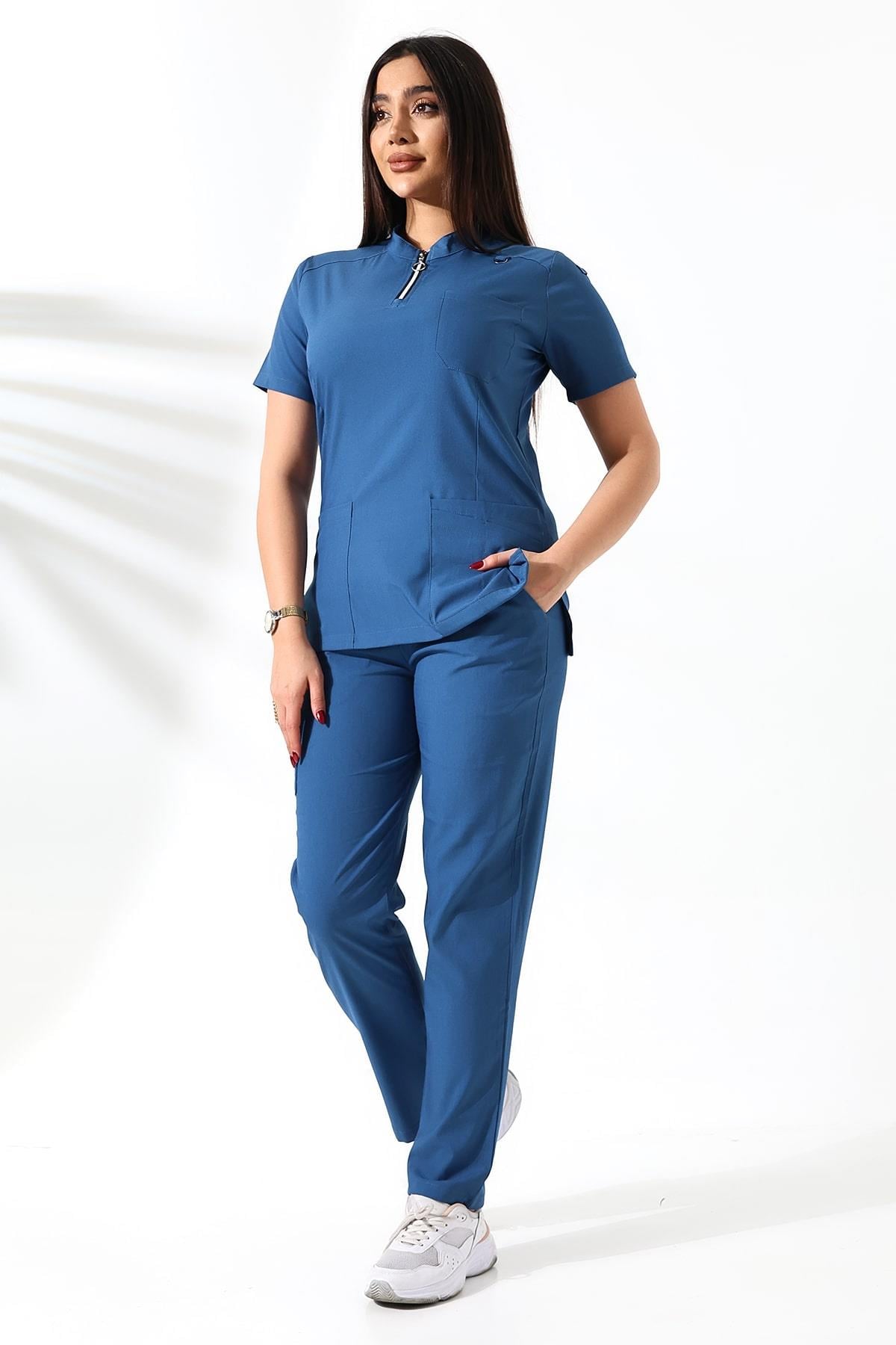 Likralı Neck Zipper Scrubs İndigo Mavisi