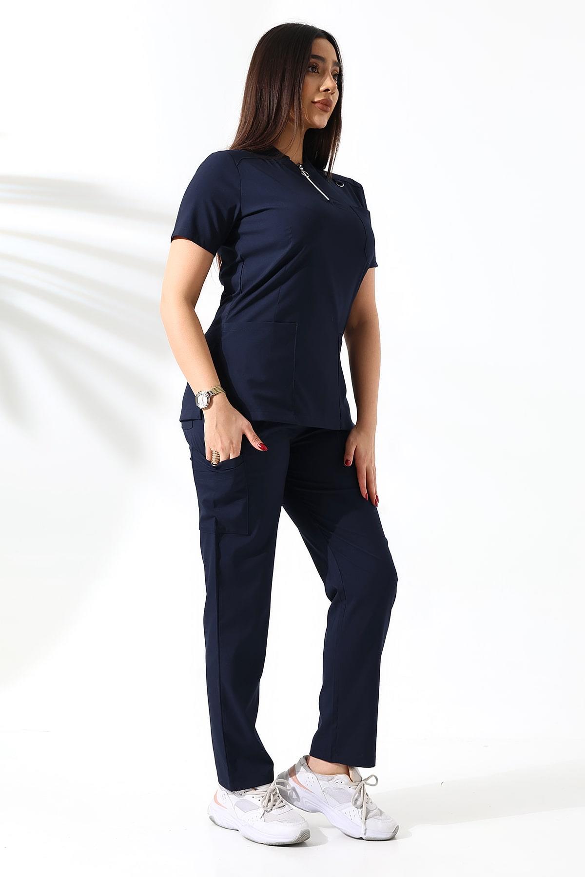 Likralı Neck Zipper Scrubs Lacivert