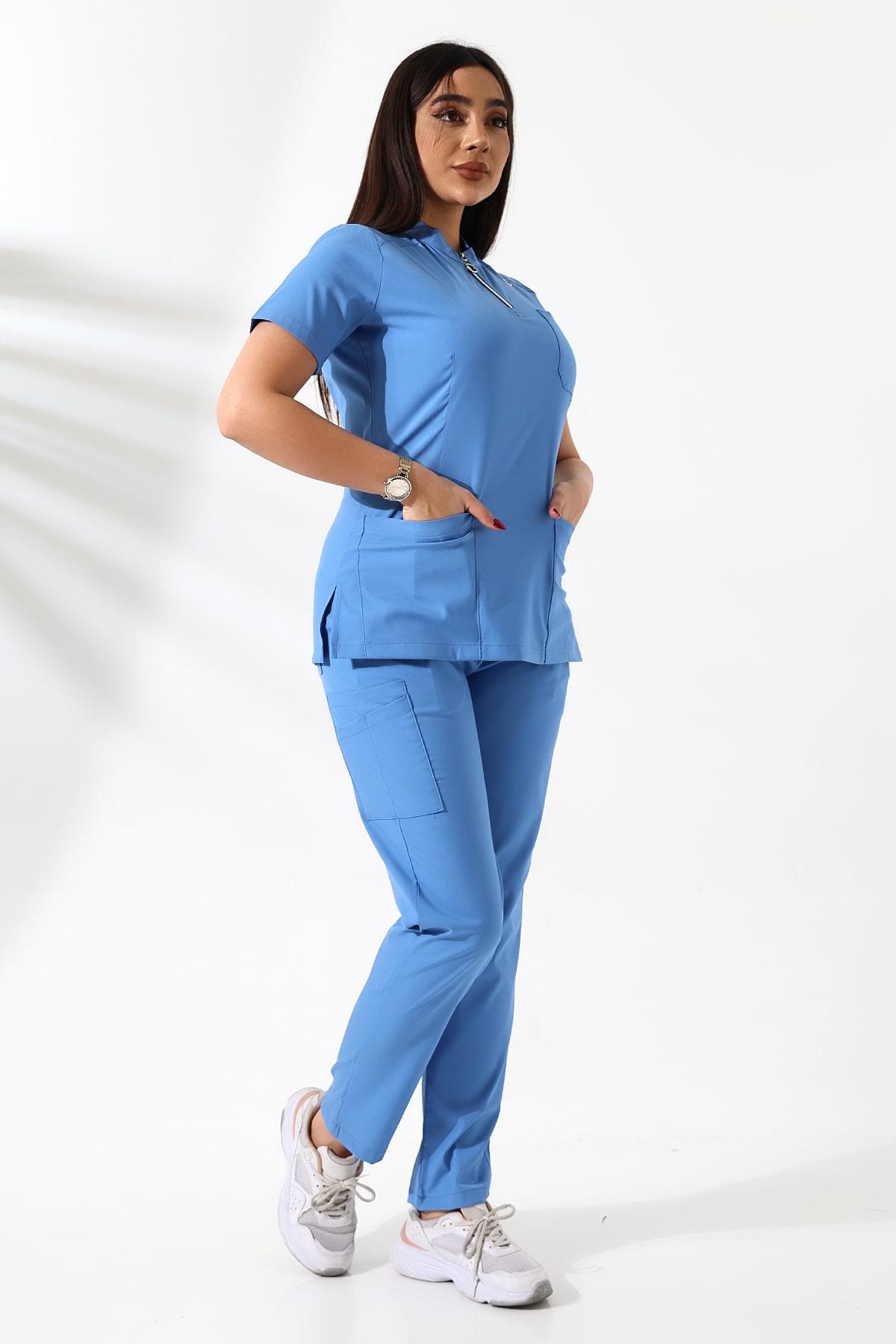 Likralı Neck Zipper Scrubs Mavi