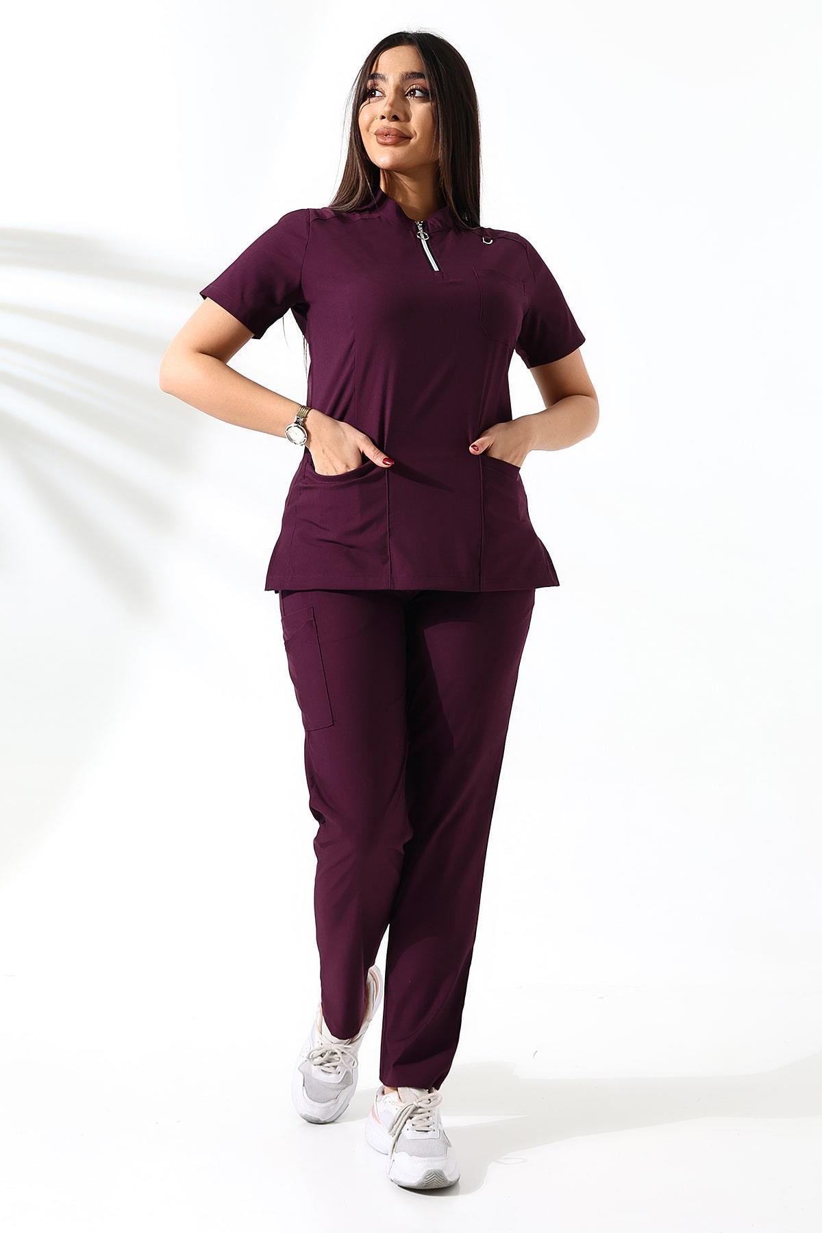 Likralı Neck Zipper Scrubs Mürdüm