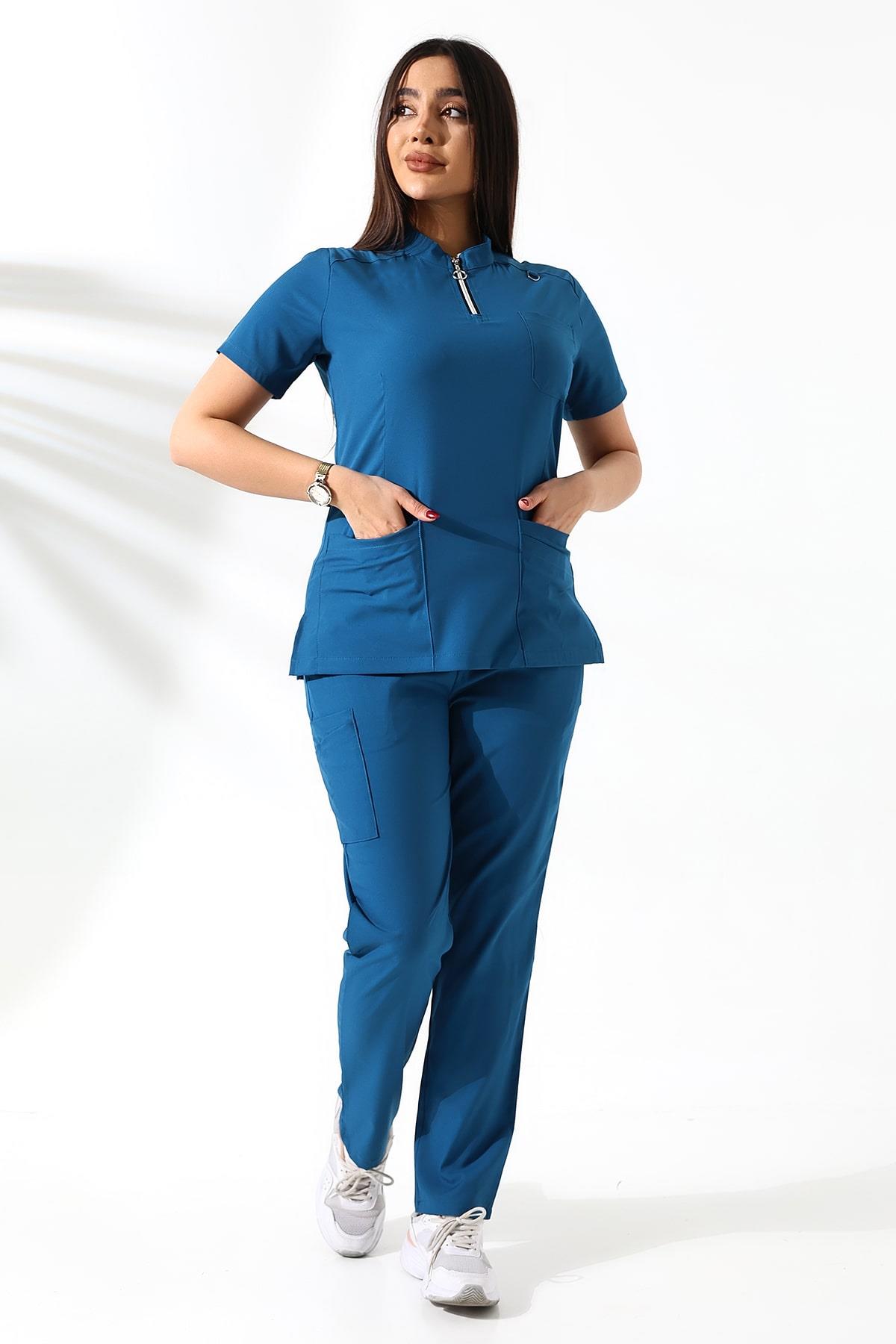 Likralı Neck Zipper Scrubs Petrol Mavi