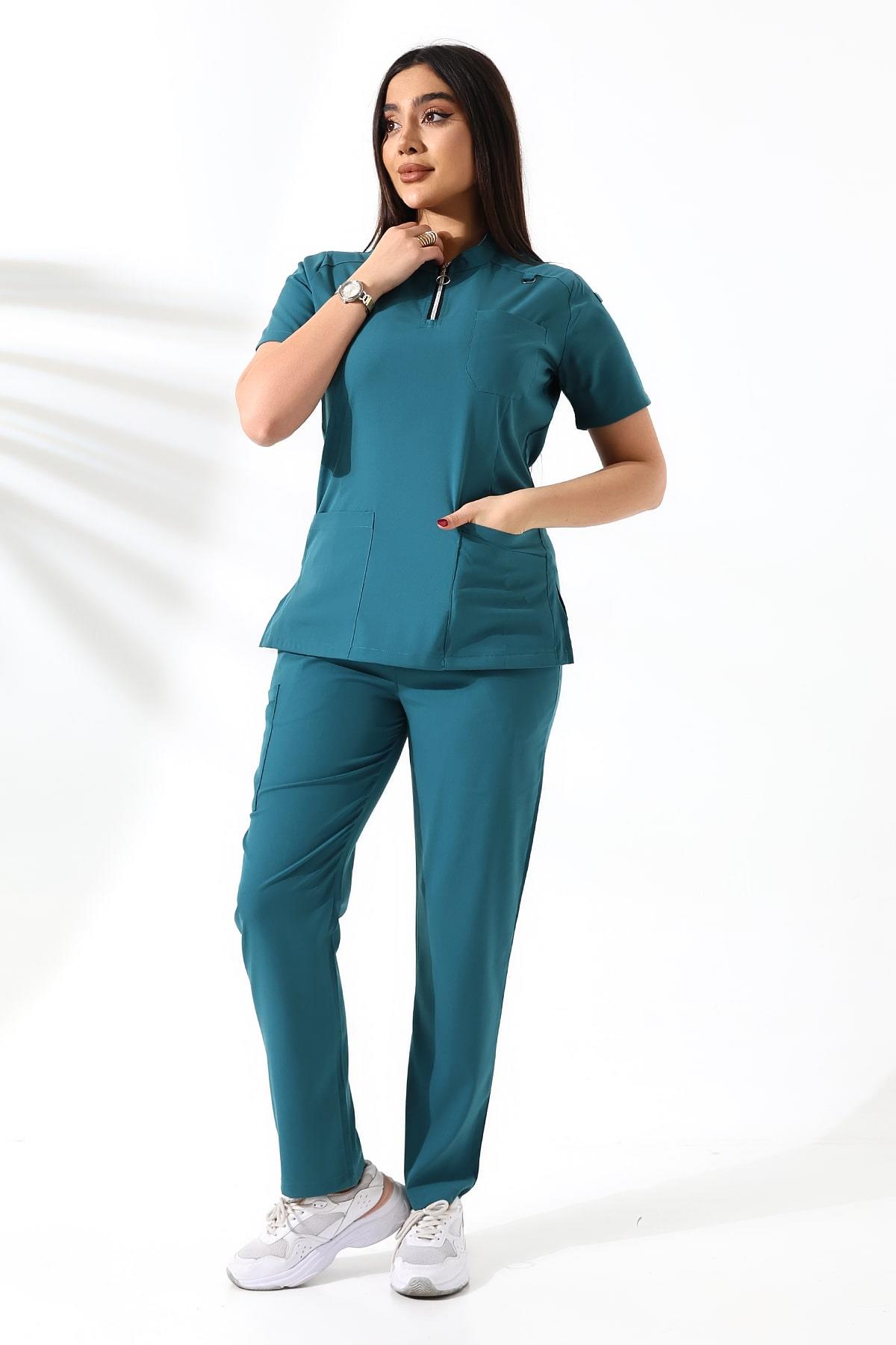 Likralı Neck Zipper Scrubs Petrol Yeşili