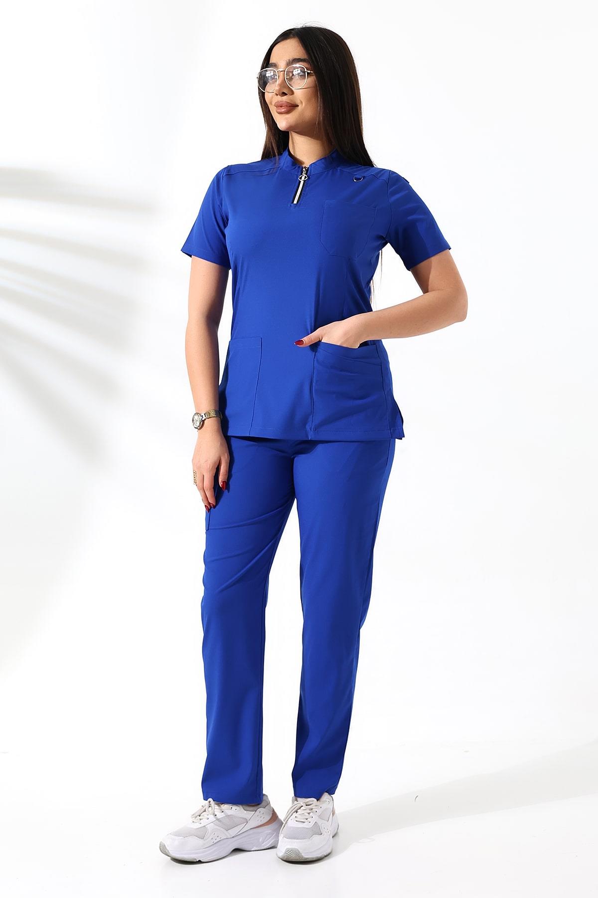 Likralı Neck Zipper Scrubs Saks Mavi