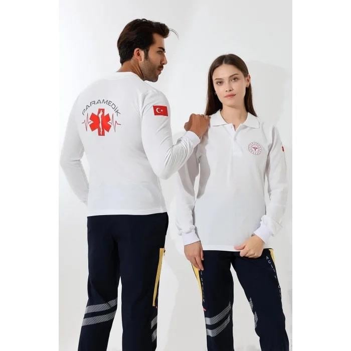 Paramedik Tshirt Yakalı Uzun Kol Beyaz